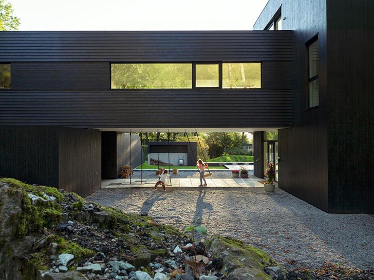 clad in stained dark wood, modern villa interior design, modern villa designs plan, modern villa dwg,