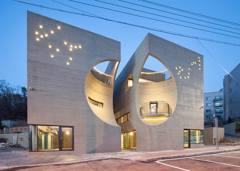 Two Moon Junction, Twin House, Architectural Designs, Concave Exposed Concrete Texture Facades, Ar. Moon Hoon, Seoul, South Korea,