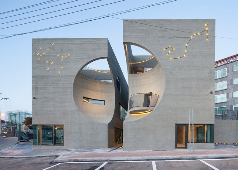 Two Moon Junction, Twin House, Architectural Designs, Concave Exposed Concrete Texture Facades, Ar. Moon Hoon, Seoul, South Korea,