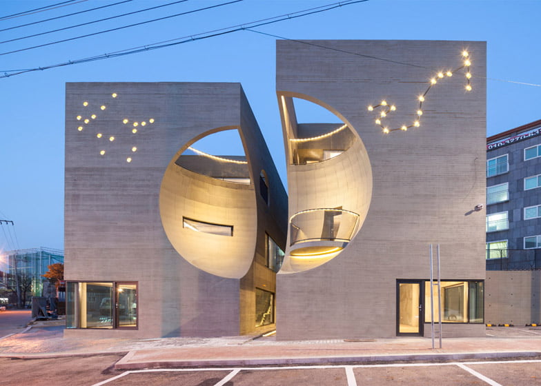 Two Moon Junction, Twin House, Architectural Designs, Concave Exposed Concrete Texture Facades, Ar. Moon Hoon, Seoul, South Korea,