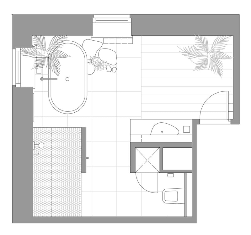 Introduce greenery between bathroom vanities and tub design plan,