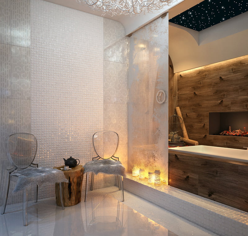cool bathrooms with transparent chairs and fur are symbols of luxury