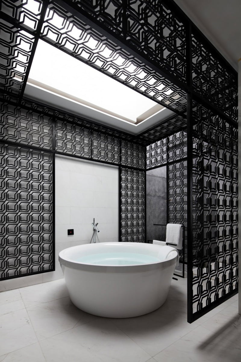 black and white bathroom is from a hotel in Xiamen, China, designed by Team BLDG