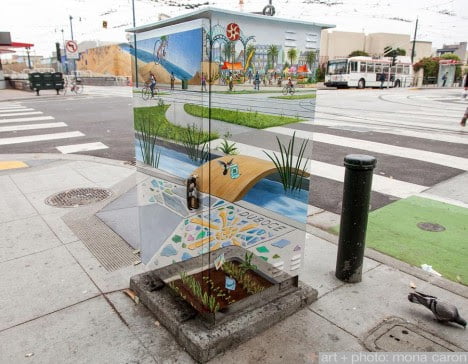 artist Mona Caron’s Manifestation Station junction box projects a visionary streetscape