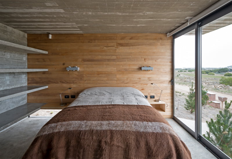 exposed concrete modern house bedroom wooden interior
