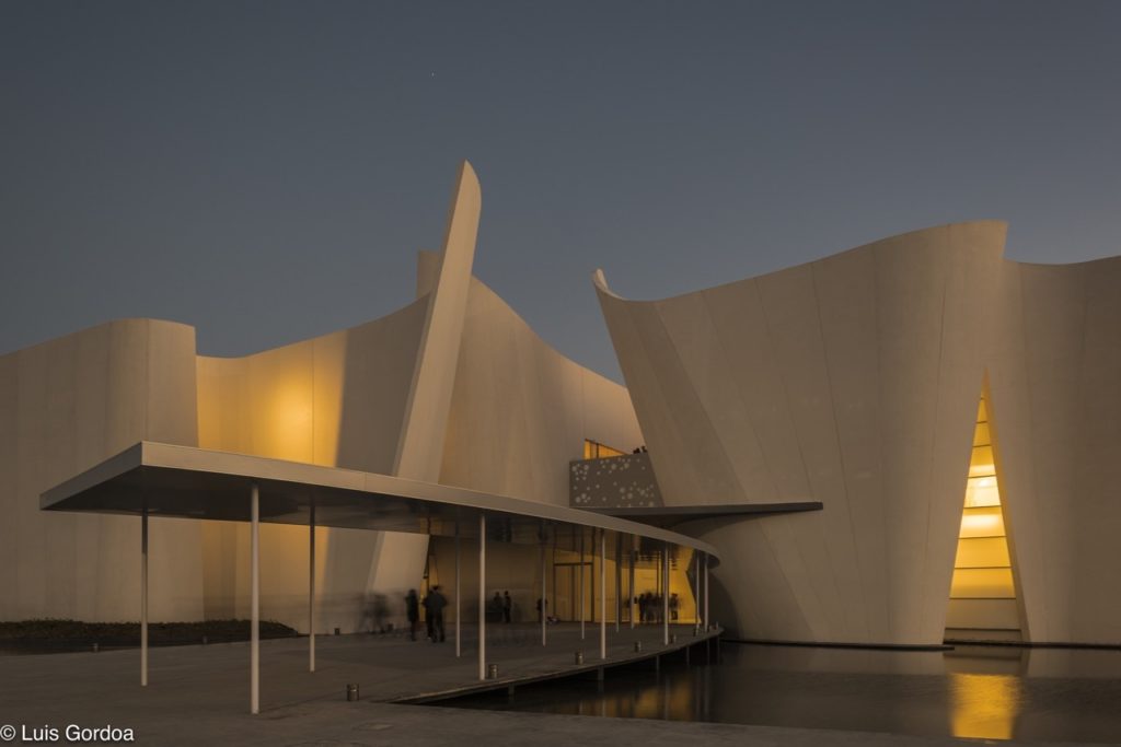 Intl. Baroque Art Museum Architecture by Toyo Ito in Mexico in night lighting