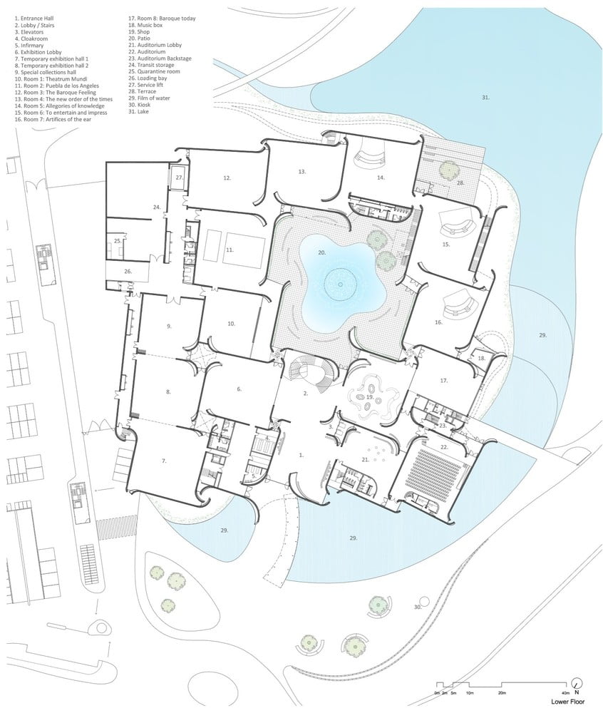 Lower_Floor plan of Intl. Baroque Art Museum Architecture by Toyo Ito in Mexico