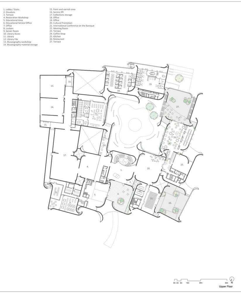 Upper_Floor plan of Intl. Baroque Art Museum Architecture by Toyo Ito in Mexico