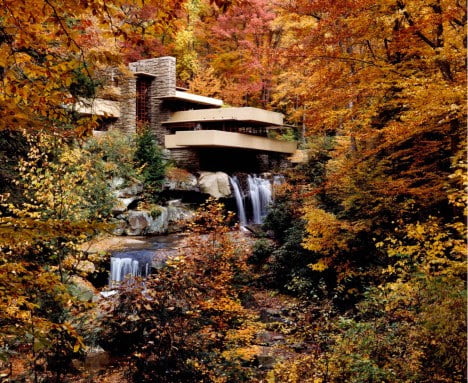 mid century modern architecture of Fallingwater by Frank Lloyd Wright