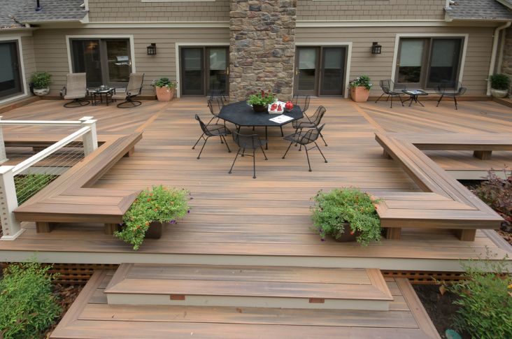 Large backyard outdoor deck flooring and seating design