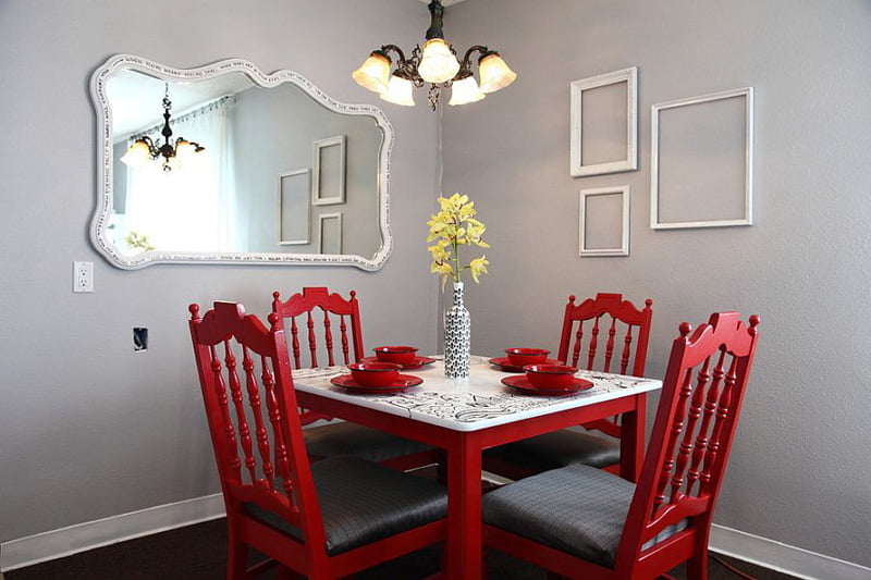 example of dining rooms with gray walls,