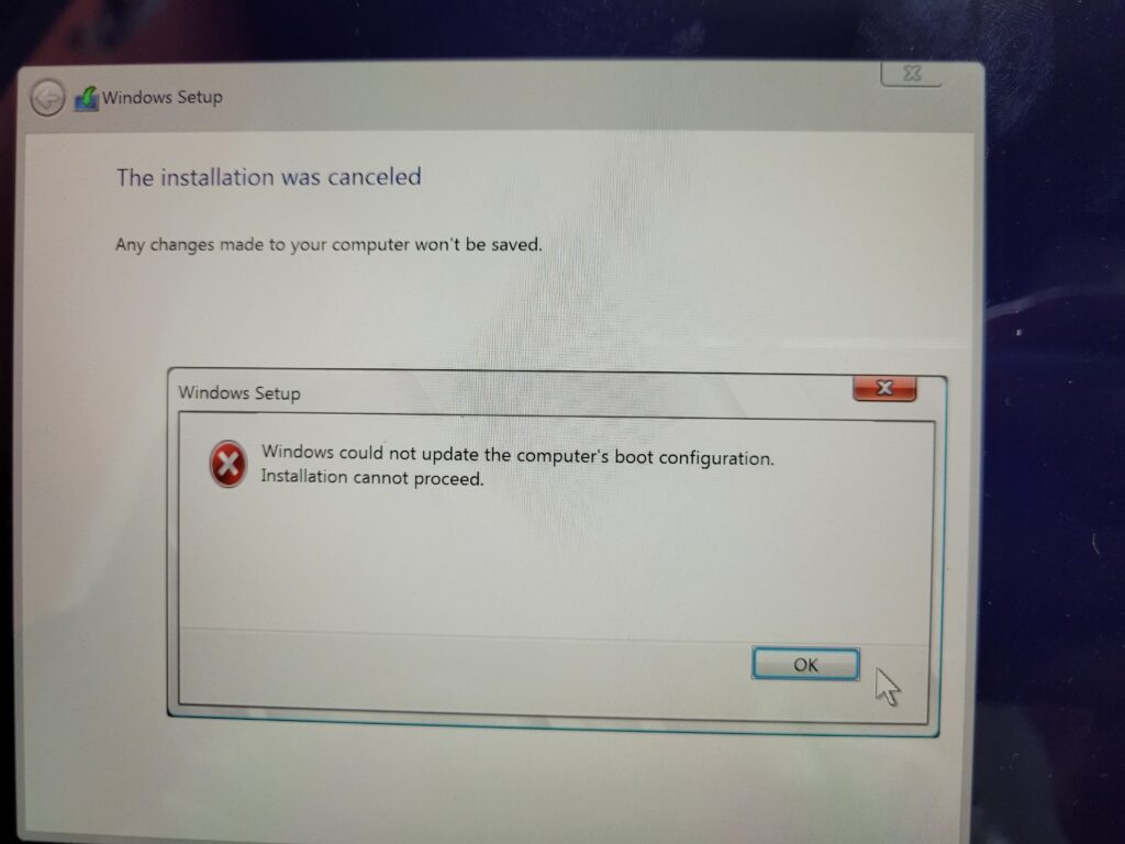 windows could not update the computer's boot configuration. installation cannot proceed