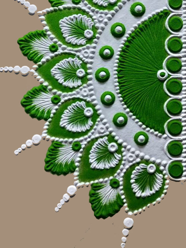 green white half circle rangoli design