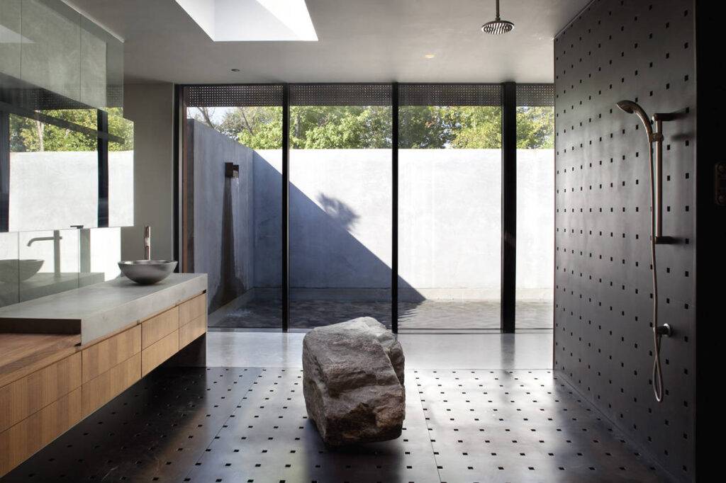 back yard, open shower, counter basin, stone in bath, skylight in bath, bath and bed combined, bath room photography,